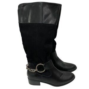 Black Faux Leather & Suede Knee-High Boots With Silver Chain Detail Size 8.5